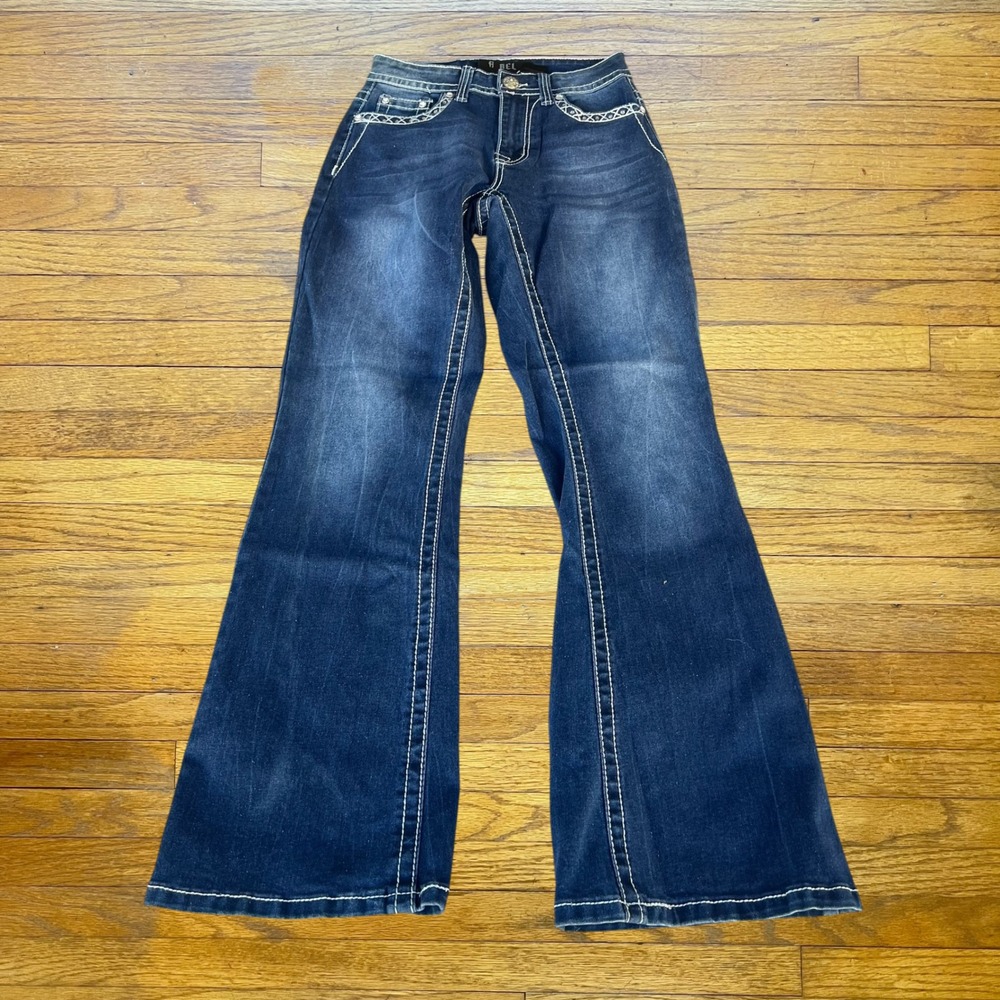 Rebel Jeans Womens 5/25 Dark Wash Flare Embellished Rhinestone Y2K Denim